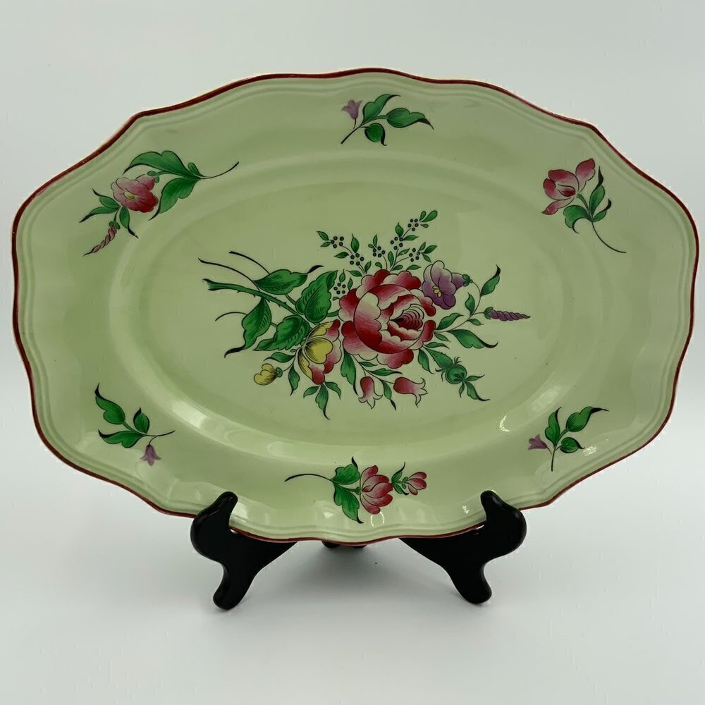 K&G Luneville Faience De France Strasbourg Green Oval Serving Platter 10x14"